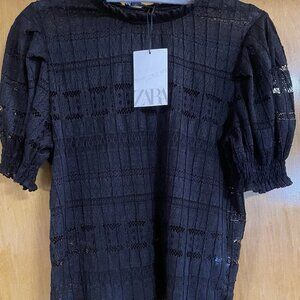ZARA Women's M Black Lace Blouse Short Cap Sleeve, New With Tags